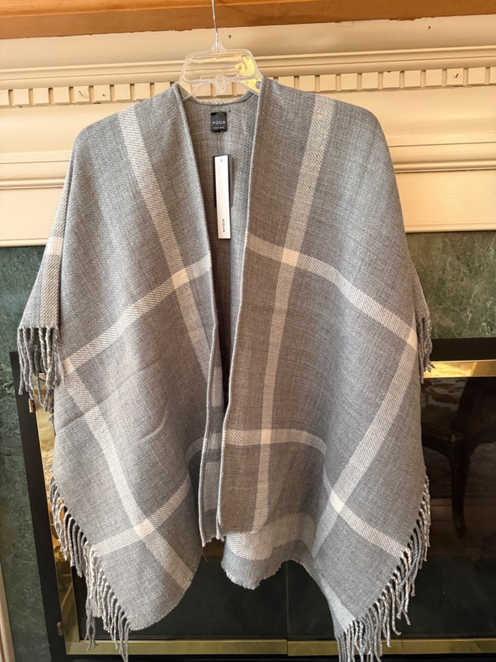 Aqua Gray Plaid Fringe Wrap
